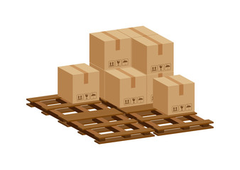 Wall Mural - pile crate boxes 3d on wooden pallet, wood pallet with cardboard box in factory warehouse storage, cardboard parcel boxes stack of warehouse factory, packaging cargo, boxes brown isolated on white