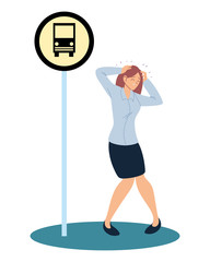 businesswoman cartoon with headache on bus station vector design