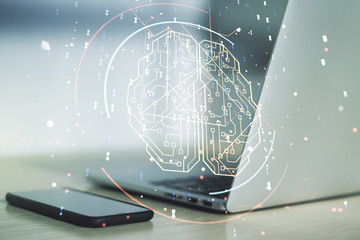 Wall Mural - double exposure of creative human brain microcircuit with computer on background. future technology 