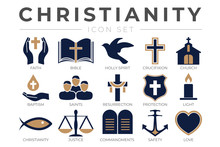 Christianity Icon Set With Faith, Bible, Crucifixion , Baptism, Church, Resurrection, Holy Spirit, Saints, Commandments,Light, Protection, Justice, Safety And Love Christian Icons