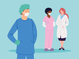 Wall Mural - women and man doctors with uniforms vector design