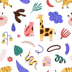 Seamless pattern with contemporary art abstract doodle objects. Backdrop with various animals, plants, modern decorative trendy shapes. Flat vector cartoon illustration isolated on white background