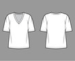 © Vectoressa - Cotton-jersey t-shirt technical fashion illustration with plunging V-neckline, elbow sleeves, oversized. Flat outwear basic apparel template front back white color. Women men unisex top CAD mockup