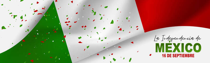 Mexico Independence Day banner. 16 September national holiday. Green, white, and red Mexican flag. Lettering in Spanish. Vector illustration.