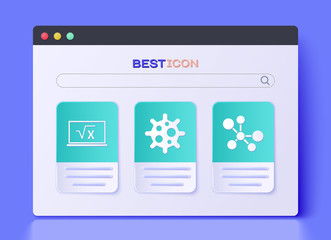 Set Virus, Square root of x glyph and Molecule icon. Vector.