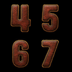 Wall Mural - Set of numbers 4, 5, 6, 7 made of leather. 3D render font with skin texture isolated on black background.