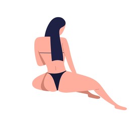 Posing slim brunette girl in bikini with fit figure. Female character in black underwear. Woman back in swimsuit with long hair. Flat vector cartoon illustration isolated on white background