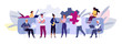 Business team metaphor. The concept of building a business system, solving problems, brainstorming, recruiting, teamwork, collaboration. Vector illustration in flat cartoon style.