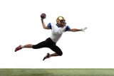 Fototapeta Sport - In jump, flight. American football player isolated on white studio background with copyspace. Professional sportsman during game playing in action and motion. Concept of sport, movement, achievements.