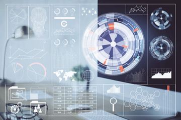 double exposure of desktop computer and technology theme hologram. concept of software development.