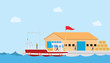 fishery industry concept on small port and warehouse or storehouse building with boat and people with modern flat style