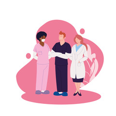 Wall Mural - women and man doctors with uniforms and leaves vector design