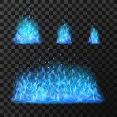Wall Mural - blue fire flames. light hot blazing, danger and power burn illustration, energy fiery warm glow vect