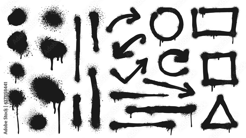 Graffiti spray lines, grunge dots, arrows and frames. Vector graffiti dot dirty, grunge ink black, splash stain and drip illustration - obrazy, fototapety, plakaty 
