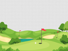 Golf Background. Green Golf Course With Hole And Red Flags For Invitation Card, Poster And Banner, Play Tournament Vector Template. Golf Flag On Green Grass, Competition And Leisure Illustration