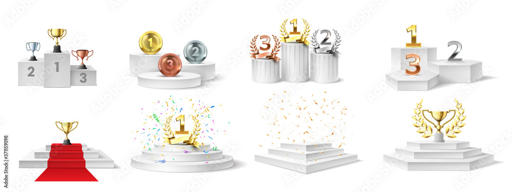Winner podium, medal and cups. Trophies on illuminated podium for ceremony award, prizes on stair-steps pedestal, realistic vector set. Ceremony championship, pedestal winner award illustration - obrazy, fototapety, plakaty 
