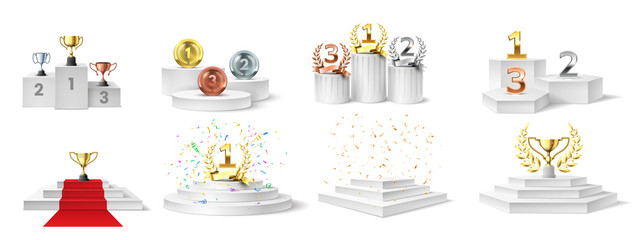 winner podium, medal and cups. trophies on illuminated podium for ceremony award, prizes on stair-st