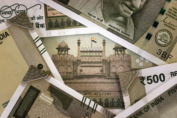 Close up image of Indian currency 500 rupee notes 