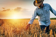 farmer walking through wheat field, sunset scene