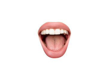 shouting. close up view of female mouth wearing nude lipstick over white studio background. copyspac