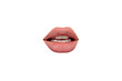 Seductive. Close up view of female mouth wearing nude lipstick over white studio background. Copyspace for insert your ad. Emotions, expression, beauty, fashion, style concept. Cut-out for pattern.
