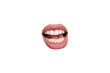 Teeth. Close up view of female mouth wearing nude lipstick over white studio background. Copyspace for insert your ad. Emotions, expression, beauty, fashion, style concept. Cut-out for pattern.