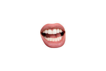 teeth. close up view of female mouth wearing nude lipstick over white studio background. copyspace f