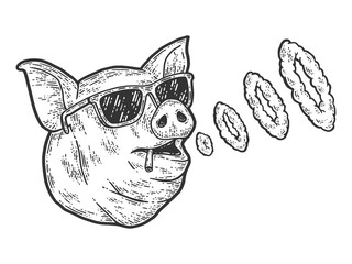 The pig smokes and blows smoke rings. Sketch scratch board imitation.