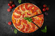 © Екатерина - Tasty hot pizza Margherita with cheese, tomatoes and basil. Pizzeria menu. Concept poster for Restaurants