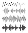 © tinakris - Black sound waves logos, audio symbols on white background. Modern music equalizer elements set. Vector waveform flat isolated illustration.