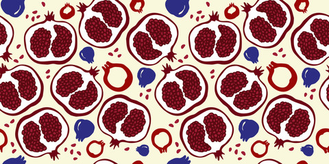 Wall Mural - Pomegranate seamless pattern. Vector color illustration. Hand drawn decorative pomegranates for package, textile or menu design.