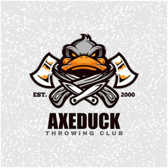 Wall Mural - Duck head with axes and knifes, throwing club logo. Design element for company logo, label, emblem, apparel or other merchandise. Scalable and editable Vector illustration.