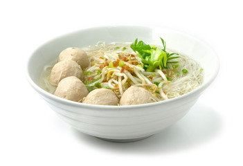 Rice Vermicelli Noodles with  Pork Balls in clear Soup ontop spring onion