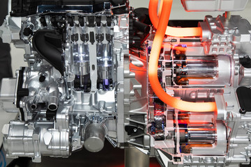 Close up of car hybrid engine. Hybrid electric car engine..