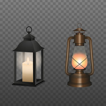 Old Oil Lamp And Lantern With Candle Illustration