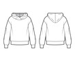 Oversized cotton-fleece hoodie technical fashion illustration with relaxed fit, long sleeves. Flat outwear jumper apparel template front, back white color. Women, men, unisex sweatshirt top CAD mockup