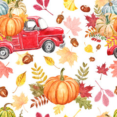 Wall Mural - Watercolor red harvest truck with pumpkins on white background. Autumn seasonal vegetables and foliage seamless pattern. Fall botanical illustration. Colorful print.