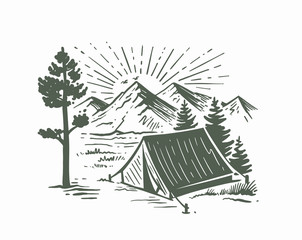 tent camping in forest near mountains
