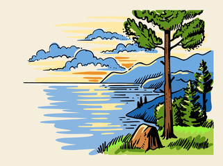 Wall Mural - sketch landscape a pine tree stands on ground