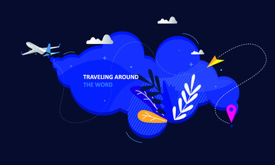 Modern template start web page flat design style. Spaceship startup business project, plane flying on the sky. Vector illustration