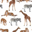 © Iuliia - Exotic animal: tiger, zebra, giraffe pattern vintage background illustration seamless pattern. Trendy composition beach wallpaper. White background.
