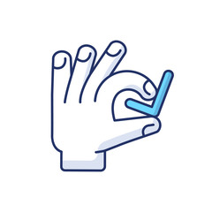 Sticker - Hand with checkmark RGB color icon. Select option. Quality rating. Customer approval. Right answer. Confirmation tag. Client satisfaction. Arm with check mark. Isolated vector illustration