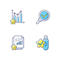 Sticker - Data research chemarks RGB color icons set. Information confirmation in accounting document. Survey poll with ticks. Customer satisfaction star. Quality rating. Isolated vector illustrations