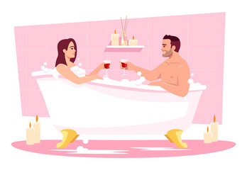 Sticker - Couple in bathtub semi flat RGB color vector illustration. Romantic date at home. Wife and husband in tub with wine. Boyfriend and girlfriend isolated cartoon characters on pink background