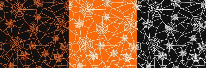 Set of 3 seamless textures with a web on a black and orange background. Vector grunge background. Abstract horror texture. For decor halloween party, social network, invitation, textile,wrapping.