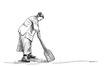 Drawing of old plus size woman sweeps floor with broom, Vector sketch hand drawn illustration