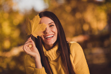 Wall Mural - Close up photo of positive cheerful girl nature lover enjoy travel fall park grove laugh close cover eye face maple yellow leaf wear jumper pullover