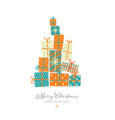 Wall Mural - Christmas greeting card with gift boxes on white background.