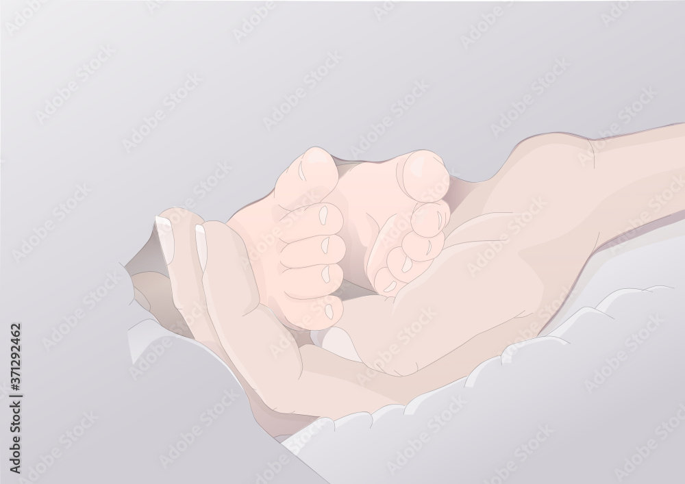 Stopki noworodka w kobiecej dłoni - otulone miękkim kocykiem - obrazy, fototapety, plakaty 