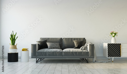 Living room interior with gray sofa on gray empty wall, 3d rendering Tableau sur Toile
